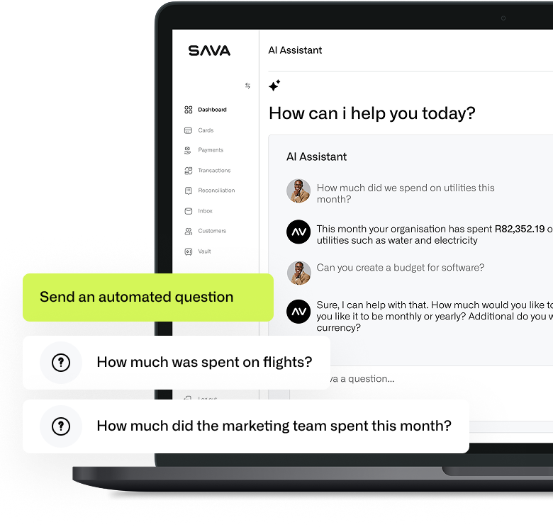 SAVA AI Assistant interface showing intelligent expense analysis